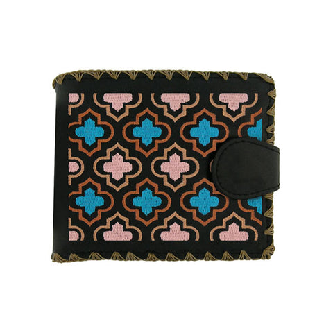 LAVISHY Eco-friendly bohemian style Moroccan Ogee pattern embroidered vegan bifold medium wallet for women. This black wallet is great for everyday use, lovely gift idea for family & friends especially for people who love Morocco & Islamic pattern. Online shopping at LAVISHY BOUTIQUE. Wholesale at www.lavishy.com