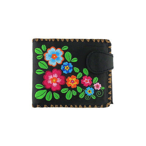 LAVISHY Eco-friendy black embroidered flower medium bifold wallet for women