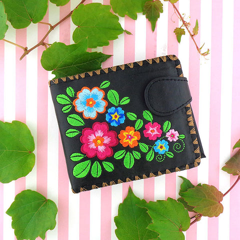 LAVISHY Eco-friendy black embroidered flower medium bifold wallet for women