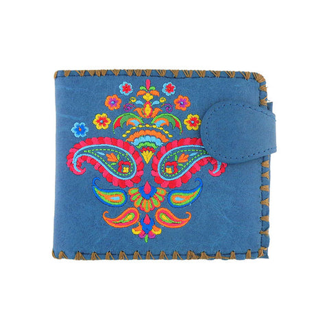 LAVISHY Eco-friendly bohemian style Indian paisley pattern embroidered vegan bifold medium wallet for women. This blue wallet is great for everyday use, lovely gift idea for family & friends especially for people who love India & Indian culture. Online shopping at LAVISHY BOUTIQUE. Wholesale at www.lavishy.com