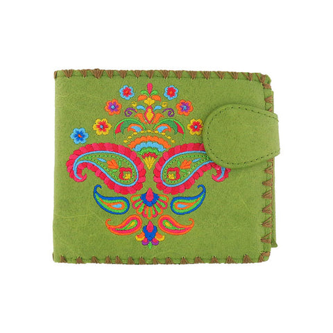 LAVISHY Eco-friendly bohemian style Indian paisley pattern embroidered vegan bifold medium wallet for women. This green wallet is great for everyday use, lovely gift idea for family & friends especially for people who love India & Indian culture. Online shopping at LAVISHY BOUTIQUE. Wholesale at www.lavishy.com
