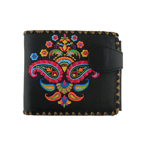 LAVISHY Eco-friendly bohemian style Indian paisley pattern embroidered vegan bifold medium wallet for women. This black wallet is great for everyday use, lovely gift idea for family & friends especially for people who love India & Indian culture. Online shopping at LAVISHY BOUTIQUE. Wholesale at www.lavishy.com