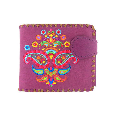 LAVISHY Eco-friendly bohemian style Indian paisley pattern embroidered vegan bifold medium wallet for women. This purple wallet is great for everyday use, lovely gift idea for family & friends especially for people who love India & Indian culture. Online shopping at LAVISHY BOUTIQUE. Wholesale at www.lavishy.com