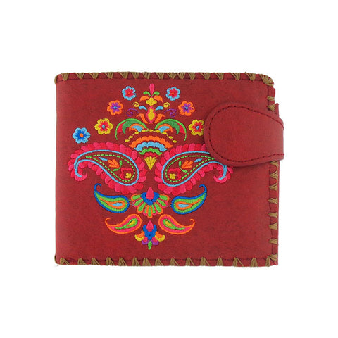 LAVISHY Eco-friendly bohemian style Indian paisley pattern embroidered vegan bifold medium wallet for women. This red wallet is great for everyday use, lovely gift idea for family & friends especially for people who love India & Indian culture. Online shopping at LAVISHY BOUTIQUE. Wholesale at www.lavishy.com
