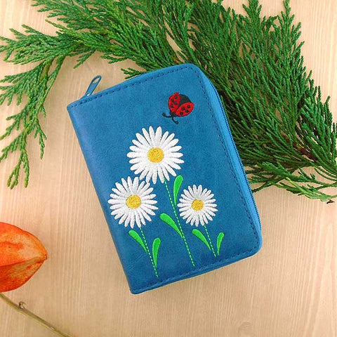 LAVISHY Eco-friendly embroidered daisy flower & ladybug vegan cardholder