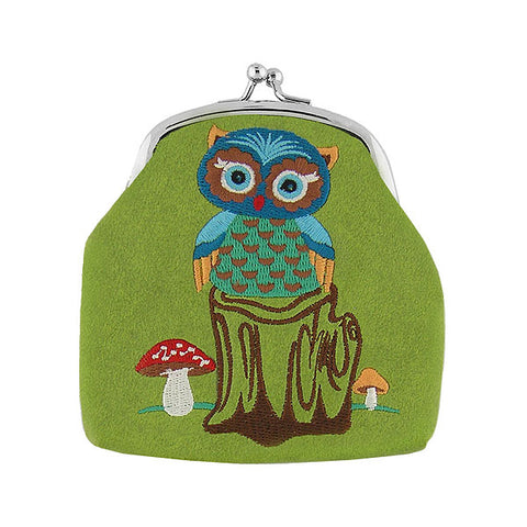 Online shopping for LAVISHY  owl bird & mushroom embroidered kiss lock frame vegan coin purse that is Eco-friendly, ethically made, cruelty free. Great for everyday use or a gift for your family & friends. Wholesale at www.lavishy.com to gift shops, fashion accessories & clothing boutiques worldwide since 2001.