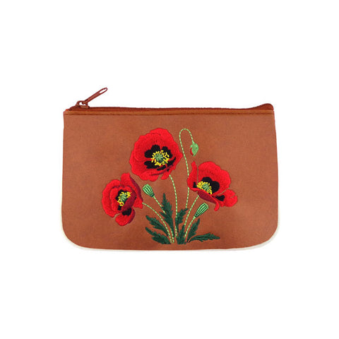 Online shopping for LAVISHY  poppy flower embroidered vegan small pouch/coin purse that is Eco-friendly, ethically made, cruelty free. Great for everyday use or a gift for your family & friends. Wholesale at www.lavishy.com to gift shops, fashion accessories & clothing boutiques worldwide since 2001.