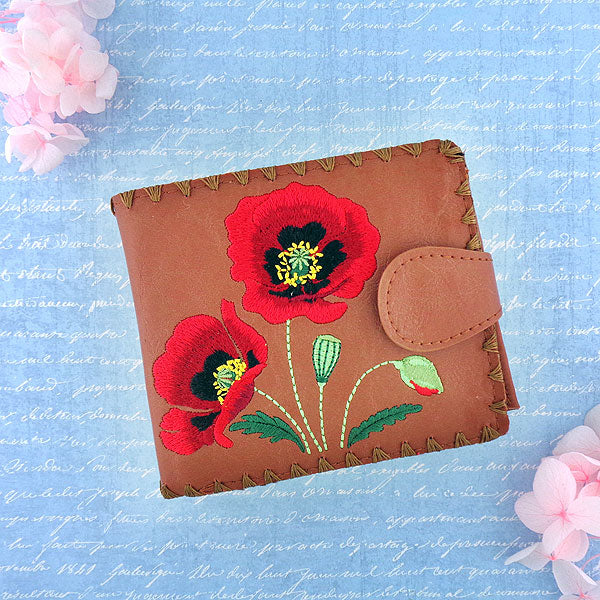 Lavishy Embroidered Cherry Blossom & Butterfly - Medium Vegan Wallet Red / .