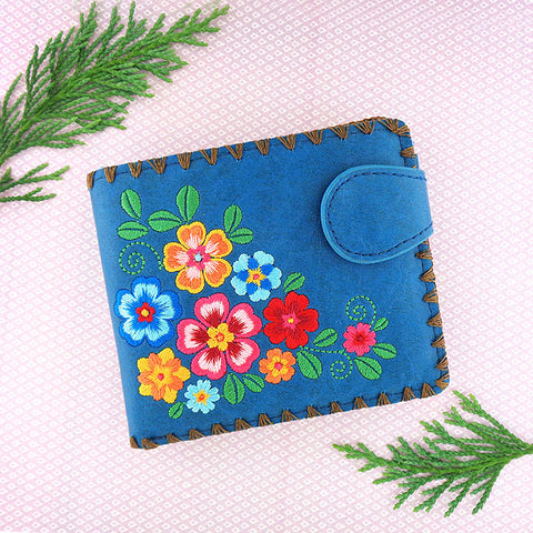 LAVISHY Eco-friendly bohemian style flora pattern embroidered vegan bifold medium wallet for women. This blue wallet is great for everyday use, lovely gift idea for family & friends especially for people who enjoy gardening or just love flowers. Online shopping at LAVISHY BOUTIQUE. Wholesale at www.lavishy.com