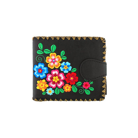 LAVISHY Eco-friendly bohemian style flora pattern embroidered vegan bifold medium wallet for women. This black wallet is great for everyday use, lovely gift idea for family & friends especially for people who enjoy gardening or just love flowers. Online shopping at LAVISHY BOUTIQUE. Wholesale at www.lavishy.com