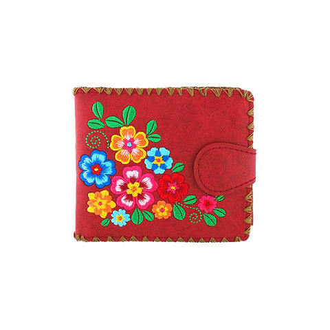 LAVISHY Eco-friendly bohemian style flora pattern embroidered vegan bifold medium wallet for women. This red wallet is great for everyday use, lovely gift idea for family & friends especially for people who enjoy gardening or just love flowers. Online shopping at LAVISHY BOUTIQUE. Wholesale at www.lavishy.com