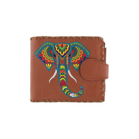 LAVISHY Eco-friendly bohemian style India elephant pattern embroidered vegan bifold medium wallet inspired by Indian painting. This brown wallet is great for everyday use, lovely gift idea for family & friends especially for those who celebrate India & Indian culture or just love elephant. Online shopping at LAVISHY BOUTIQUE. Wholesale at www.lavishy.com