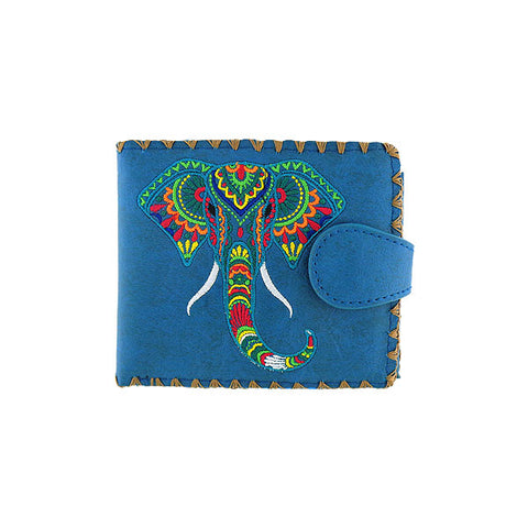 LAVISHY Eco-friendly bohemian style India elephant pattern embroidered vegan bifold medium wallet inspired by Indian painting. This blue wallet is great for everyday use, lovely gift idea for family & friends especially for those who celebrate India & Indian culture or just love elephant. Online shopping at LAVISHY BOUTIQUE. Wholesale at www.lavishy.com
