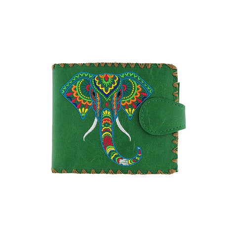 LAVISHY Eco-friendly bohemian style India elephant pattern embroidered vegan bifold medium wallet inspired by Indian painting. This green wallet is great for everyday use, lovely gift idea for family & friends especially for those who celebrate India & Indian culture or just love elephant. Online shopping at LAVISHY BOUTIQUE. Wholesale at www.lavishy.com