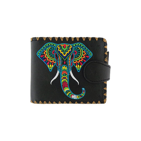 LAVISHY Eco-friendly bohemian style India elephant pattern embroidered vegan bifold medium wallet inspired by Indian painting. This black wallet is great for everyday use, lovely gift idea for family & friends especially for those who celebrate India & Indian culture or just love elephant. Online shopping at LAVISHY BOUTIQUE. Wholesale at www.lavishy.com