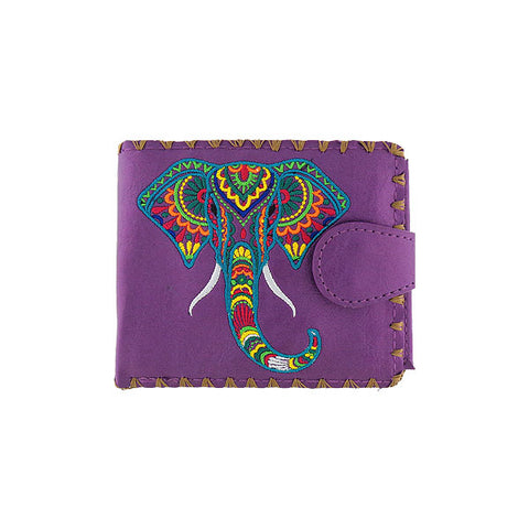 LAVISHY Eco-friendly bohemian style India elephant pattern embroidered vegan bifold medium wallet inspired by Indian painting. This purple wallet is great for everyday use, lovely gift idea for family & friends especially for those who celebrate India & Indian culture or just love elephant. Online shopping at LAVISHY BOUTIQUE. Wholesale at www.lavishy.com