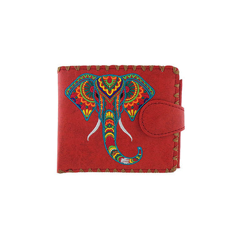 LAVISHY Eco-friendly bohemian style India elephant pattern embroidered vegan bifold medium wallet inspired by Indian painting. This red wallet is great for everyday use, lovely gift idea for family & friends especially for those who celebrate India & Indian culture or just love elephant. Online shopping at LAVISHY BOUTIQUE. Wholesale at www.lavishy.com