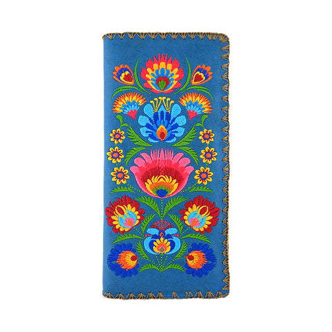 LAVISHY Eco-friendly boho chic Vytynanky style flora pattern embroidered vegan large flat wallet for women. This blue wallet is great for everyday use, lovely gift idea for family & friends especially for people who enjoy flower or love Poland & Ukraine. Online shopping at LAVISHY BOUTIQUE. Wholesale at www.lavishy.com