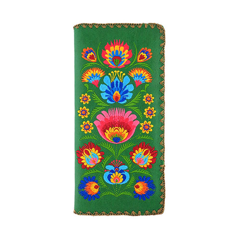 LAVISHY Eco-friendly boho chic Vytynanky style flora pattern embroidered vegan large flat wallet for women. This green wallet is great for everyday use, lovely gift idea for family & friends especially for people who enjoy flower or love Poland & Ukraine. Online shopping at LAVISHY BOUTIQUE. Wholesale at www.lavishy.com