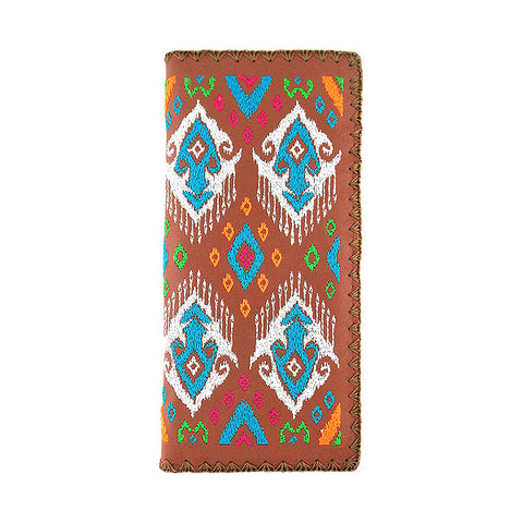 LAVISHY Eco-friendly bohemian style Ikat pattern embroidered vegan large flat wallet for women. This brown wallet is great for everyday use, lovely gift idea for family & friends especially for people who love exotic patterns. Online shopping at LAVISHY BOUTIQUE. Wholesale at www.lavishy.com