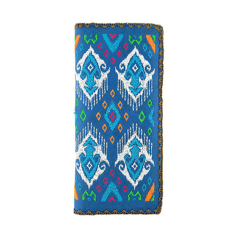 LAVISHY Eco-friendly bohemian style Ikat pattern embroidered vegan large flat wallet for women. This blue wallet is great for everyday use, lovely gift idea for family & friends especially for people who love exotic patterns. Online shopping at LAVISHY BOUTIQUE. Wholesale at www.lavishy.com