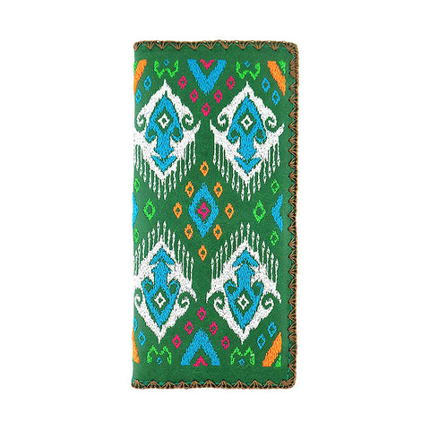 LAVISHY Eco-friendly bohemian style Ikat pattern embroidered vegan large flat wallet for women. This green wallet is great for everyday use, lovely gift idea for family & friends especially for people who love exotic patterns. Online shopping at LAVISHY BOUTIQUE. Wholesale at www.lavishy.com