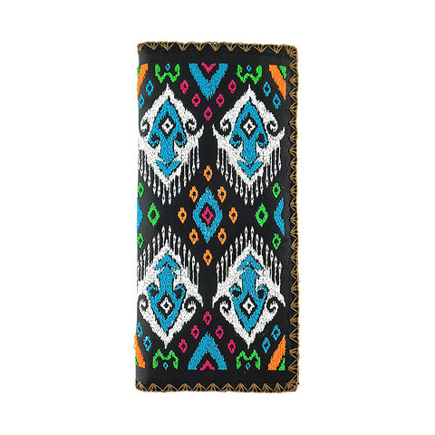 LAVISHY Eco-friendly bohemian style Ikat pattern embroidered vegan large flat wallet for women. This black wallet is great for everyday use, lovely gift idea for family & friends especially for people who love exotic patterns. Online shopping at LAVISHY BOUTIQUE. Wholesale at www.lavishy.com