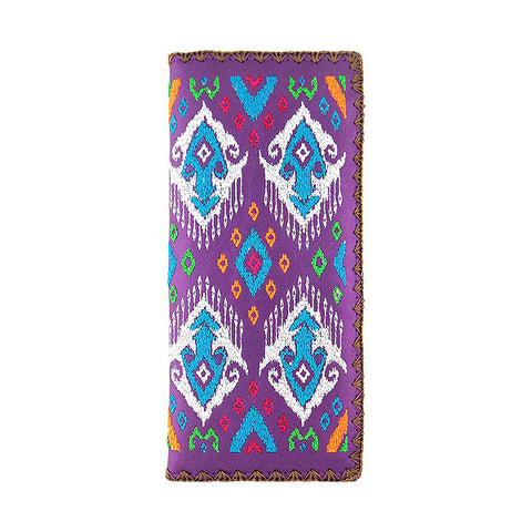 LAVISHY Eco-friendly bohemian style Ikat pattern embroidered vegan large flat wallet for women. This purple wallet is great for everyday use, lovely gift idea for family & friends especially for people who love exotic patterns. Online shopping at LAVISHY BOUTIQUE. Wholesale at www.lavishy.com