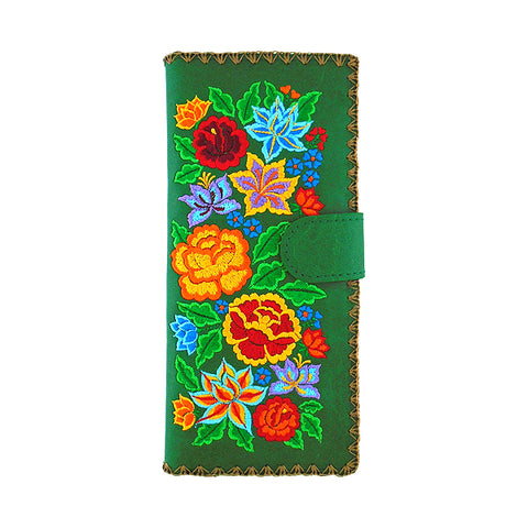 LAVISHY Eco-friendly bohemian style Mexican rose, lily and hibiscus pattern embroidered vegan large flat wallet for women. This green wallet is great for everyday use, lovely gift idea for family & friends especially for people who celebrate Mexico & Mexican culture or just love flowers. Online shopping at LAVISHY BOUTIQUE. Wholesale at www.lavishy.com