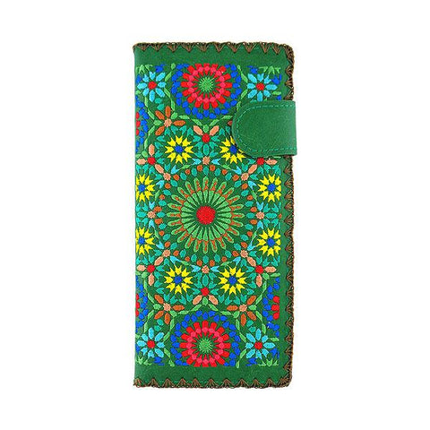 LAVISHY Eco-friendly, ethically made, cruelty free embroidered large flat wallet for women features Ikat pattern embroidery motif. Wholesale at www.lavishy.com for retailers like gift shop, clothing & fashion accessories boutique & book store worldwide since 2001.