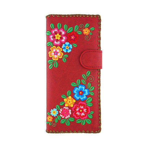 LAVISHY Eco-friendly bohemian style flora pattern embroidered vegan large flat wallet for women. This red wallet is great for everyday use, lovely gift idea for family & friends especially for people who enjoy gardening or just love flowers. Online shopping at LAVISHY BOUTIQUE. Wholesale at www.lavishy.com