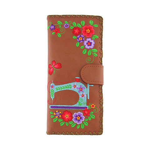 LAVISHY Eco-friendly bohemian style sewing machine & flower pattern embroidered vegan large flat wallet for women. This brown wallet is great for everyday use, lovely gift idea for family & friends especially for people who love retro style or into craft. Online shopping at LAVISHY BOUTIQUE. Wholesale at www.lavishy.com