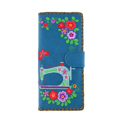 LAVISHY Eco-friendly bohemian style sewing machine & flower pattern embroidered vegan large flat wallet for women. This blue wallet is great for everyday use, lovely gift idea for family & friends especially for people who love retro style or into craft. Online shopping at LAVISHY BOUTIQUE. Wholesale at www.lavishy.com