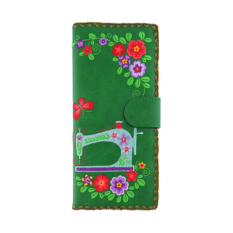 LAVISHY Eco-friendly bohemian style sewing machine & flower pattern embroidered vegan large flat wallet for women. This green wallet is great for everyday use, lovely gift idea for family & friends especially for people who love retro style or into craft. Online shopping at LAVISHY BOUTIQUE. Wholesale at www.lavishy.com