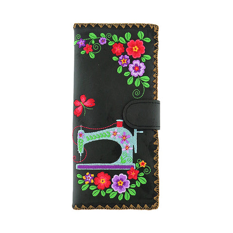 LAVISHY Eco-friendly bohemian style sewing machine & flower pattern embroidered vegan large flat wallet for women. This black wallet is great for everyday use, lovely gift idea for family & friends especially for people who love retro style or into craft. Online shopping at LAVISHY BOUTIQUE. Wholesale at www.lavishy.com