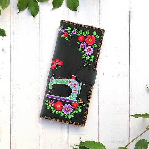 LAVISHY Eco-friendly bohemian style sewing machine & flower pattern embroidered vegan large flat wallet for women. This black wallet is great for everyday use, lovely gift idea for family & friends especially for people who love retro style or into craft. Online shopping at LAVISHY BOUTIQUE. Wholesale at www.lavishy.com