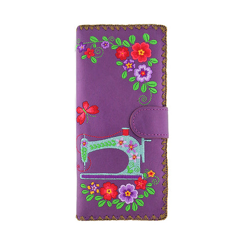 LAVISHY Eco-friendly bohemian style sewing machine & flower pattern embroidered vegan large flat wallet for women. This purple wallet is great for everyday use, lovely gift idea for family & friends especially for people who love retro style or into craft. Online shopping at LAVISHY BOUTIQUE. Wholesale at www.lavishy.com