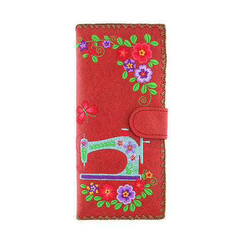 LAVISHY Eco-friendly bohemian style sewing machine & flower pattern embroidered vegan large flat wallet for women. This red wallet is great for everyday use, lovely gift idea for family & friends especially for people who love retro style or into craft. Online shopping at LAVISHY BOUTIQUE. Wholesale at www.lavishy.com