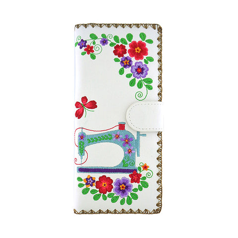 LAVISHY Eco-friendly bohemian style sewing machine & flower pattern embroidered vegan large flat wallet for women. This white wallet is great for everyday use, lovely gift idea for family & friends especially for people who love retro style or into craft. Online shopping at LAVISHY BOUTIQUE. Wholesale at www.lavishy.com