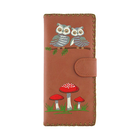Brown LAVISHY Eco-friendly vegan embroidered owl & lucky mushroom large flat wallet for women for online shopping. Great good luck gift ideas for family & friends especially for those who embrace vegan lifestyle or love Germany. 