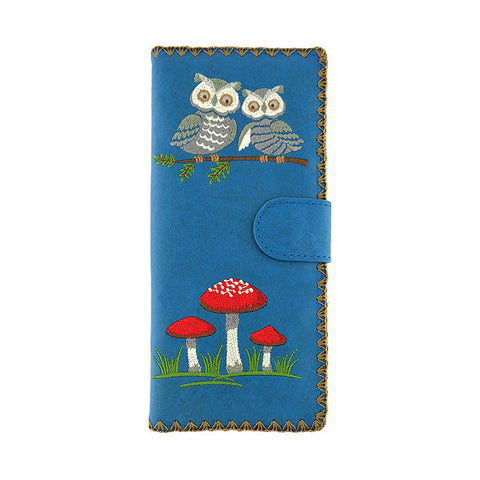 Blue LAVISHY Eco-friendly vegan embroidered owl & lucky mushroom large flat wallet for women for online shopping. Great good luck gift ideas for family & friends especially for those who embrace vegan lifestyle or love Germany. 