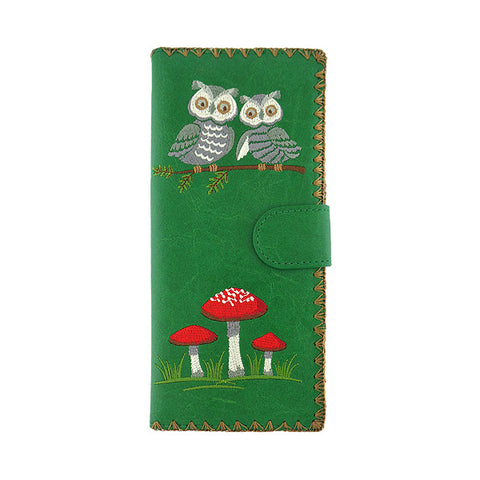 Green LAVISHY Eco-friendly vegan embroidered owl & lucky mushroom large flat wallet for women for online shopping. Great good luck gift ideas for family & friends especially for those who embrace vegan lifestyle or love Germany. 