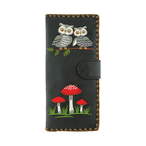 Black LAVISHY Eco-friendly vegan embroidered owl & lucky mushroom large flat wallet for women for online shopping. Great good luck gift ideas for family & friends especially for those who embrace vegan lifestyle or love Germany. 
