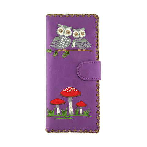 Purple LAVISHY Eco-friendly vegan embroidered owl & lucky mushroom large flat wallet for women for online shopping. Great good luck gift ideas for family & friends especially for those who embrace vegan lifestyle or love Germany. 