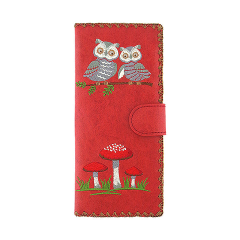Red LAVISHY Eco-friendly vegan embroidered owl & lucky mushroom large flat wallet for women for online shopping. Great good luck gift ideas for family & friends especially for those who embrace vegan lifestyle or love Germany. 