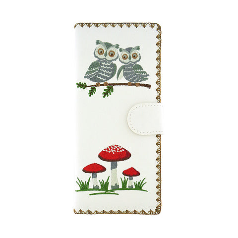 White LAVISHY Eco-friendly vegan embroidered owl & lucky mushroom large flat wallet for women for online shopping. Great good luck gift ideas for family & friends especially for those who embrace vegan lifestyle or love Germany. 