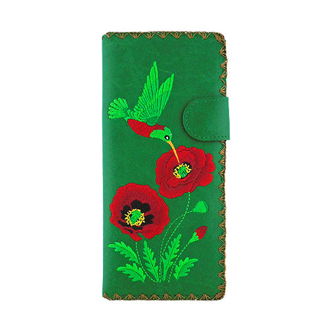 Green LAVISHY Eco-friendly vegan embroidered hummingbird & poppy flower large flat wallet for women for online shopping. Great gift ideas for family & friends especially for those who embrace vegan lifestyle or love Ukraine. 