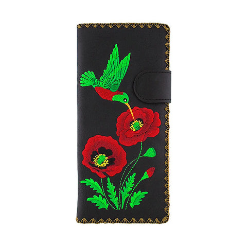 Black LAVISHY Eco-friendly vegan embroidered hummingbird & poppy flower large flat wallet for women for online shopping. Great gift ideas for family & friends especially for those who embrace vegan lifestyle or love Ukraine. 