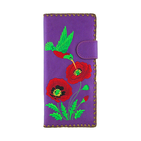 Purple LAVISHY Eco-friendly vegan embroidered hummingbird & poppy flower large flat wallet for women for online shopping. Great gift ideas for family & friends especially for those who embrace vegan lifestyle or love Ukraine. 