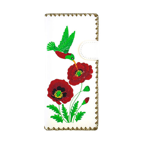 White LAVISHY Eco-friendly vegan embroidered hummingbird & poppy flower large flat wallet for women for online shopping. Great gift ideas for family & friends especially for those who embrace vegan lifestyle or love Ukraine. 